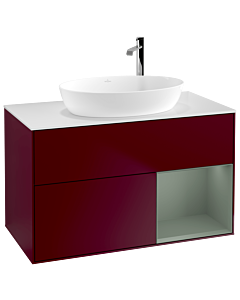 Villeroy und Boch Finion Waschtischunterschrank F901GMHB 100cm, Abdeckplatte white matt, Regale Olive matt lacquer, Peony Matt