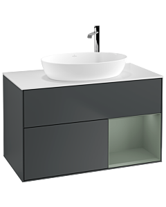 Villeroy und Boch Finion Waschtischunterschrank F901GMHG 100cm, Abdeckplatte white matt, Regale Olive matt lacquer, Midnight Blue Matt Lacquer