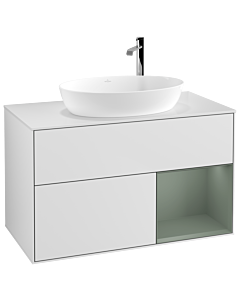 Villeroy und Boch Finion Villeroy und Boch F901GMMT 100cm, plaque de recouvrement blanc mat, étagères laqué olive mat, laqué blanc mat