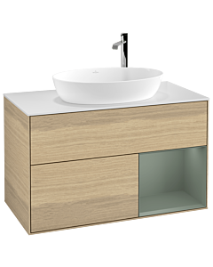 Villeroy und Boch Finion Waschtischunterschrank F901GMPC 100cm, Abdeckplatte white matt, Regale Olive matt lacquer, Oak Veneer