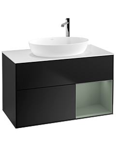 Villeroy und Boch Finion Waschtischunterschrank F901GMPD 100cm, Abdeckplatte white matt, Regale Olive matt lacquer, Black matt lacquer