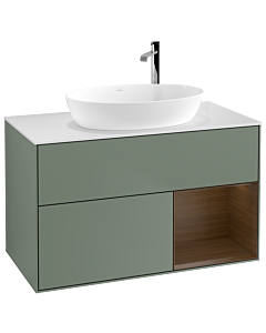 Villeroy und Boch Finion Villeroy und Boch F901GNGM 100cm, plaque de recouvrement blanc mat, étagères Walnut Veneer , Olive Matt Lacquer