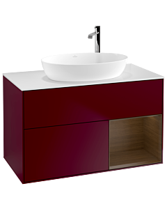 Villeroy und Boch Finion Waschtischunterschrank F901GNHB 100cm, Abdeckplatte white matt, Regale Walnut Veneer, Peony Matt