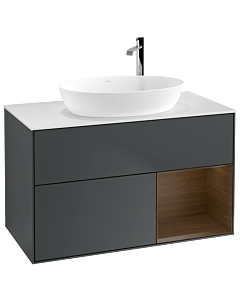 Villeroy und Boch Finion Waschtischunterschrank F901GNHG 100cm, Abdeckplatte white matt, Regale Walnut Veneer, Midnight Blue Matt Lacquer