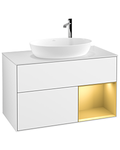 Villeroy und Boch Finion Villeroy und Boch F901HFGF 100cm, plaque de recouvrement blanc mat, étagères laqué or mat, laqué blanc brillant