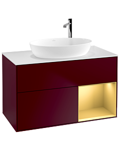 Villeroy und Boch Finion Waschtischunterschrank F901HFHB 100cm, Abdeckplatte white matt, Regale Gold matt lacquer, Peony Matt