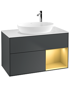 Villeroy und Boch Finion Waschtischunterschrank F901HFHG 100cm, Abdeckplatte white matt, Regale Gold matt lacquer, Midnight Blue Matt Lacquer
