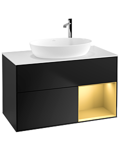 Villeroy und Boch Finion Villeroy und Boch F901HFPD 100cm, plaque de recouvrement blanc mat, étagères laqué or mat, laqué noir mat