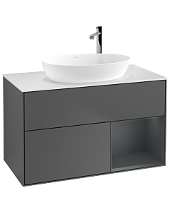 Villeroy und Boch Finion Waschtischunterschrank F901HGGK 100cm, Abdeckplatte white matt, Regale Midnight matt lacquer, Anthracite matt