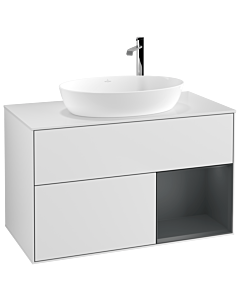 Villeroy und Boch Finion Waschtischunterschrank F901HGMT 100cm, Abdeckplatte white matt, Regale Midnight matt lacquer, White matt lacquer