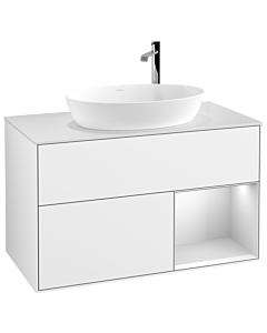 Villeroy und Boch Finion Villeroy und Boch F901MTGF 100cm, plaque de recouvrement blanc mat, étagères laqué blanc mat, laqué blanc brillant