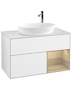 Villeroy und Boch Finion Waschtischunterschrank F901PCGF 100cm, Abdeckplatte white matt, Regale Oak Veneer, Glossy white lacquer