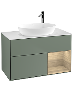 Villeroy und Boch Finion Villeroy und Boch F901PCGM 100cm, plaque de recouvrement blanc mat, étagères Oak Veneer , Olive Matt Lacquer