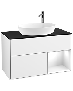 Villeroy und Boch Finion Waschtischunterschrank F902GFGF 100cm, Abdeckplatte black matt, Regale Glossy white lacquer, Glossy white lacquer