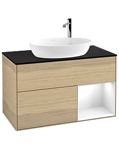 Villeroy und Boch Finion Villeroy und Boch F902GFPC 100cm, plaque de recouvrement noir mat, étagères Laque blanche brillante, Oak Veneer