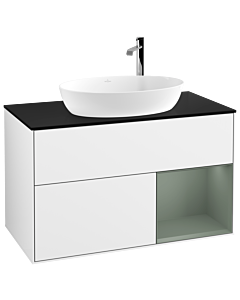 Villeroy und Boch Finion Waschtischunterschrank F902GMGF 100cm, Abdeckplatte black matt, Regale Olive matt lacquer, Glossy white lacquer
