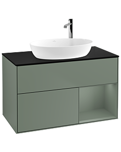 Villeroy und Boch Finion Villeroy und Boch F902GMGM 100cm, plaque de recouvrement noir mat, étagères laqué olive mat, Olive Matt Lacquer