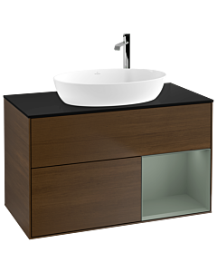 Villeroy und Boch Finion Villeroy und Boch F902GMGN 100cm, plaque de recouvrement noir mat, étagères laqué olive mat, placage noyer