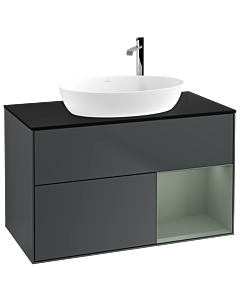 Villeroy und Boch Finion Waschtischunterschrank F902GMHG 100cm, Abdeckplatte black matt, Regale Olive matt lacquer, Midnight Blue Matt Lacquer