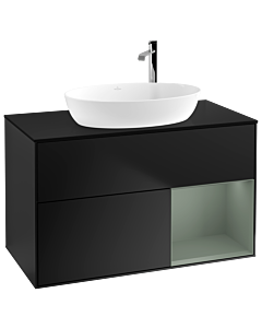 Villeroy und Boch Finion Villeroy und Boch F902GMPD 100cm, plaque de recouvrement noir mat, étagères laqué olive mat, laqué noir mat