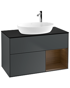Villeroy und Boch Finion Waschtischunterschrank F902GNHG 100cm, Abdeckplatte black matt, Regale Walnut Veneer, Midnight Blue Matt Lacquer
