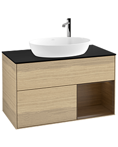 Villeroy und Boch Finion Waschtischunterschrank F902GNPC 100cm, Abdeckplatte black matt, Regale Walnut Veneer, Oak Veneer