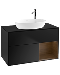 Villeroy und Boch Finion Waschtischunterschrank F902GNPD 100cm, Abdeckplatte black matt, Regale Walnut Veneer, Black matt lacquer