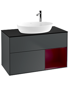 Villeroy und Boch Finion Waschtischunterschrank F902HBHG 100cm, Abdeckplatte black matt, Regale Peony matt lacquer, Midnight Blue Matt Lacquer