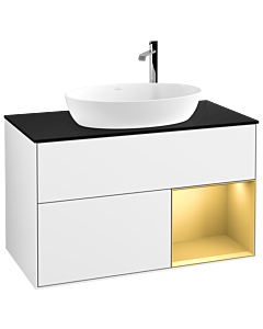 Villeroy und Boch Finion Waschtischunterschrank F902HFGF 100cm, Abdeckplatte black matt, Regale Gold matt lacquer, Glossy white lacquer