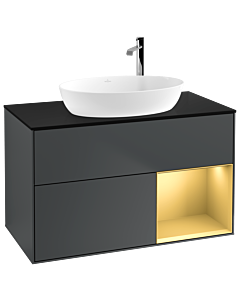 Villeroy und Boch Finion Waschtischunterschrank F902HFHG 100cm, Abdeckplatte black matt, Regale Gold matt lacquer, Midnight Blue Matt Lacquer