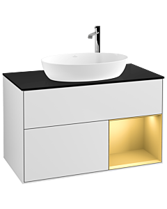 Villeroy und Boch Finion Villeroy und Boch F902HFMT 100cm, plaque de recouvrement noir mat, étagères laqué or mat, laqué blanc mat