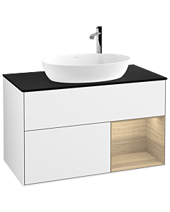 Villeroy und Boch Finion F902PCGF 100cm, plaque de recouvrement noire mate, étagères Oak Veneer , laqué blanc brillant