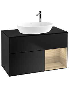 Villeroy und Boch Finion Waschtischunterschrank F902PCPD 100cm, Abdeckplatte black matt, Regale Oak Veneer, Black matt lacquer
