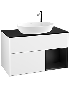 Villeroy und Boch Finion Waschtischunterschrank F902PDGF 100cm, Abdeckplatte black matt, Regale Black matt lacquer, Glossy white lacquer