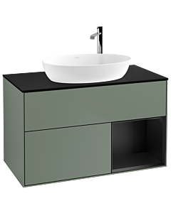 Villeroy und Boch Finion Waschtischunterschrank F902PDGM 100cm, Abdeckplatte black matt, Regale Black matt lacquer, Olive Matt Lacquer