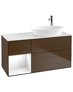 Villeroy und Boch Finion Villeroy und Boch F921GFGN 120cm, plaque de recouvrement blanc mat, étagères laqué blanc brillant, placage noyer