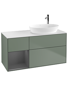 Villeroy und Boch Finion F921GKGM 120cm, plaque de recouvrement blanc mat, étagères laqué mat anthracite, Olive Matt Lacquer