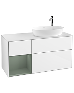 Villeroy und Boch Finion Waschtischunterschrank F921GMGF 120cm, Abdeckplatte white matt, Regale Olive matt lacquer, Glossy white lacquer
