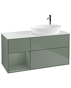 Villeroy und Boch Finion Villeroy und Boch F921GMGM 120cm, plaque de recouvrement blanc mat, étagères laqué olive mat, Olive Matt Lacquer