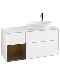 Villeroy und Boch Finion Waschtischunterschrank F921GNGF 120cm, Abdeckplatte white matt, Regale Walnut Veneer, Glossy white lacquer