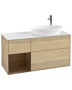 Villeroy und Boch Finion Waschtischunterschrank F921GNPC 120cm, Abdeckplatte white matt, Regale Walnut Veneer, Oak Veneer