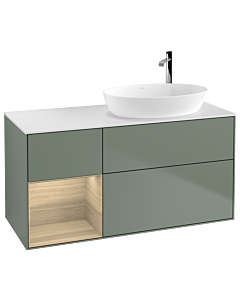 Villeroy und Boch Finion Waschtischunterschrank F921PCGM 120cm, Abdeckplatte white matt, Regale Oak Veneer, Olive Matt Lacquer