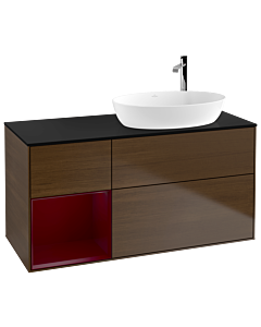 Villeroy und Boch Finion Waschtischunterschrank F922HBGN 120cm, Abdeckplatte black matt, Regale Peony matt lacquer, Walnut veneer