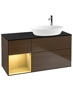 Villeroy und Boch Finion Waschtischunterschrank F922HFGN 120cm, Abdeckplatte black matt, Regale Gold matt lacquer, Walnut veneer