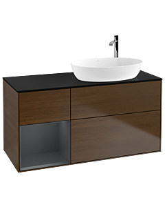 Villeroy und Boch Finion Waschtischunterschrank F922HGGN 120cm, Abdeckplatte black matt, Regale Midnight matt lacquer, Walnut veneer