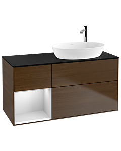 Villeroy und Boch Finion Waschtischunterschrank F922MTGN 120cm, Abdeckplatte black matt, Regale White matt lacquer, Walnut veneer