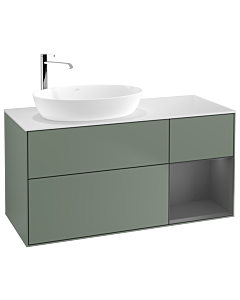 Villeroy und Boch Finion Waschtischunterschrank F931GKGM 120cm, Abdeckplatte white matt, Regale Anthracite matt lacquer, Olive Matt Lacquer