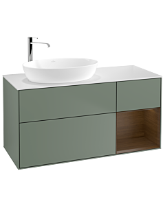 Villeroy und Boch Finion Waschtischunterschrank F931GNGM 120cm, Abdeckplatte white matt, Regale Walnut Veneer, Olive Matt Lacquer