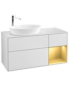 Villeroy und Boch Finion Waschtischunterschrank F931HFMT 120cm, Abdeckplatte white matt, Regale Gold matt lacquer, White matt lacquer
