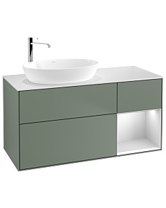 Villeroy und Boch Finion Villeroy und Boch F931MTGM 120cm, plaque de recouvrement blanc mat, étagères laqué blanc mat, Olive Matt Lacquer